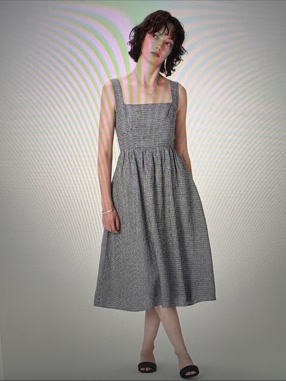 Quince European Linen Fit & Flare Black &White Gingham Midi Dress